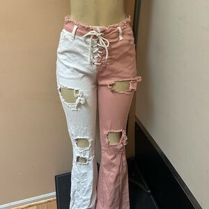 Two-Tone Distressed Lace-Up Pants